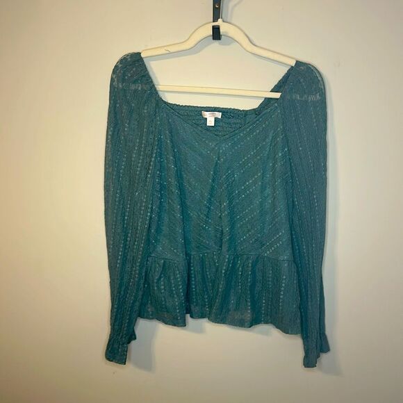 LC Lauren Conrad Teal Lace Blouse Peplum Sheer Sleeves with Cinched Wrists XL - Picture 1 of 7